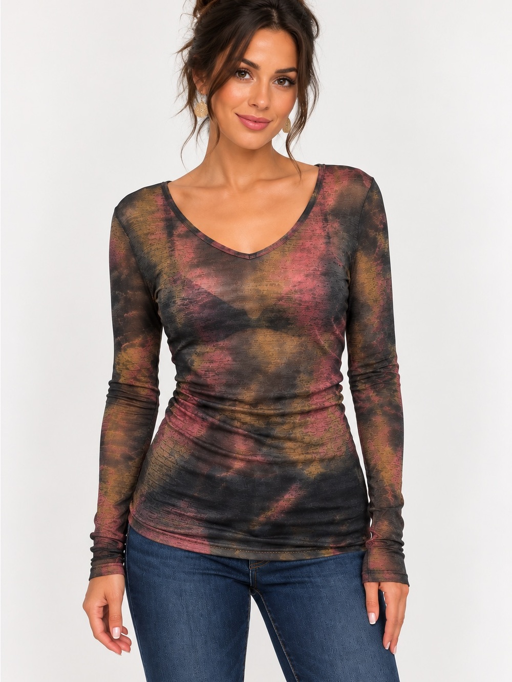 BKE Buckle Sheer Multicolor V-Neck Long Sleeve Top Size M